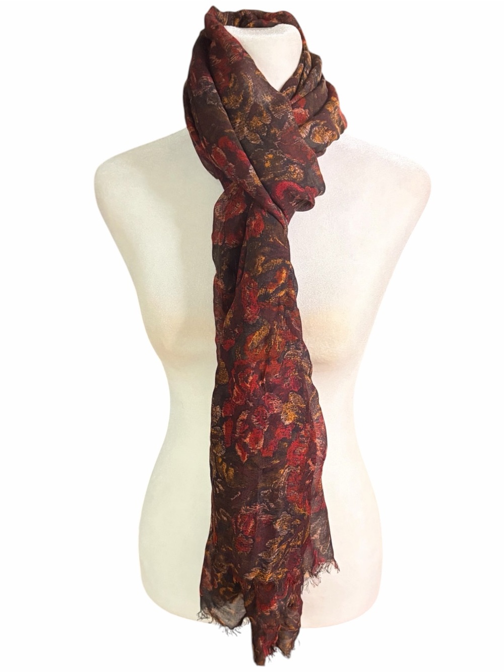 Patricia Nash Brown Scarf with Red and Gold Floral Print